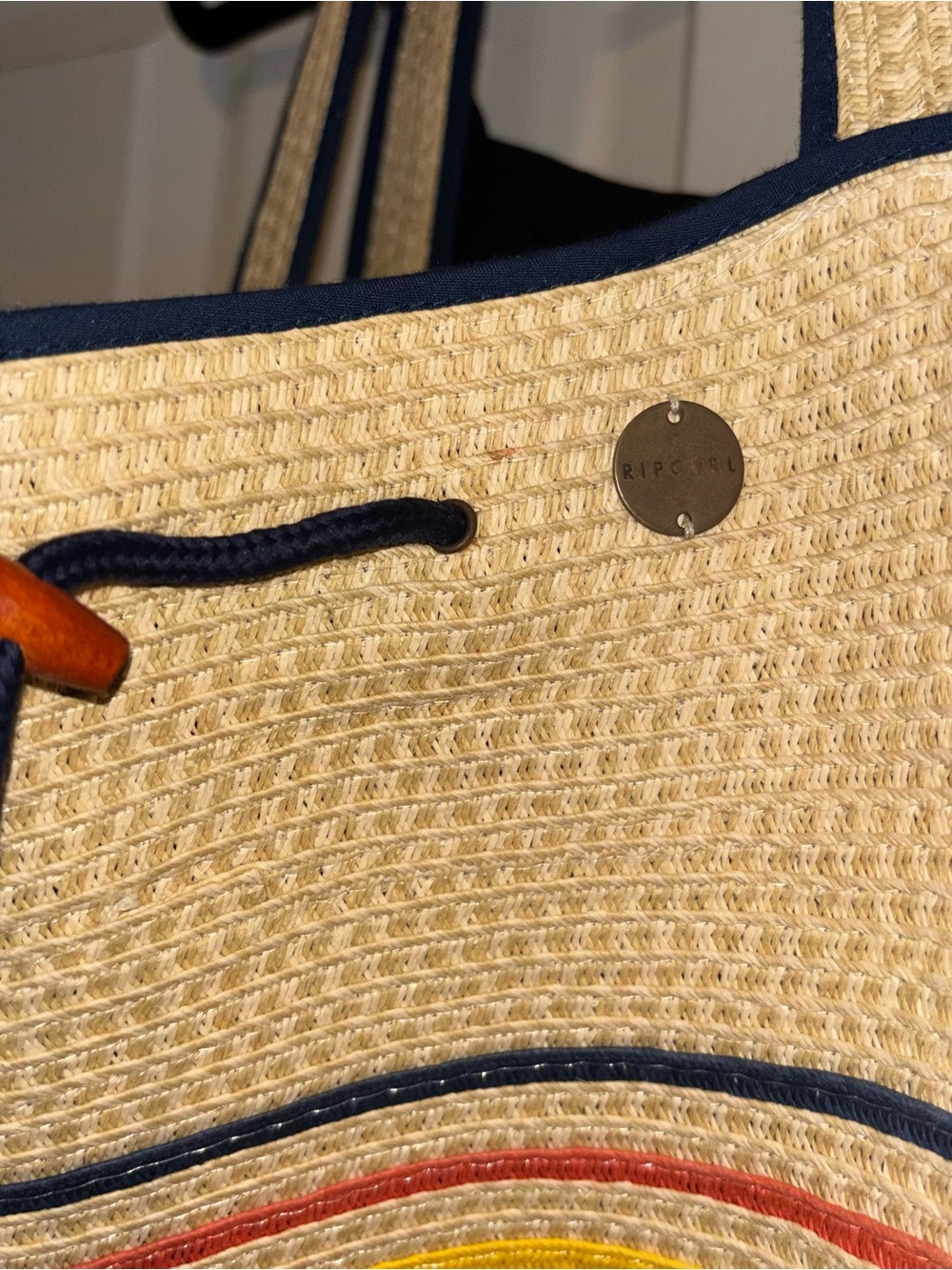 Rip Curl Straw Tote with Navy Trim and Multicolor Stripes